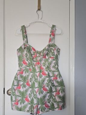 Slate & Willow Pink and Green Tropical Flamingo Romper